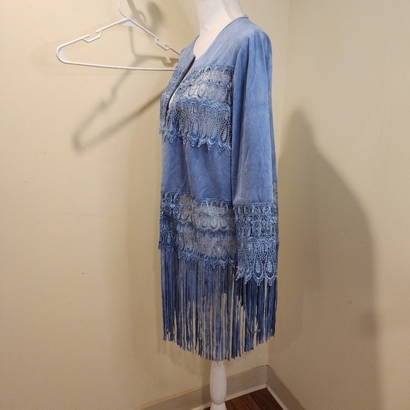 Chico's blue faux suede lace fringe open front cardigan Chico's size 1 - Picture 3 of 14
